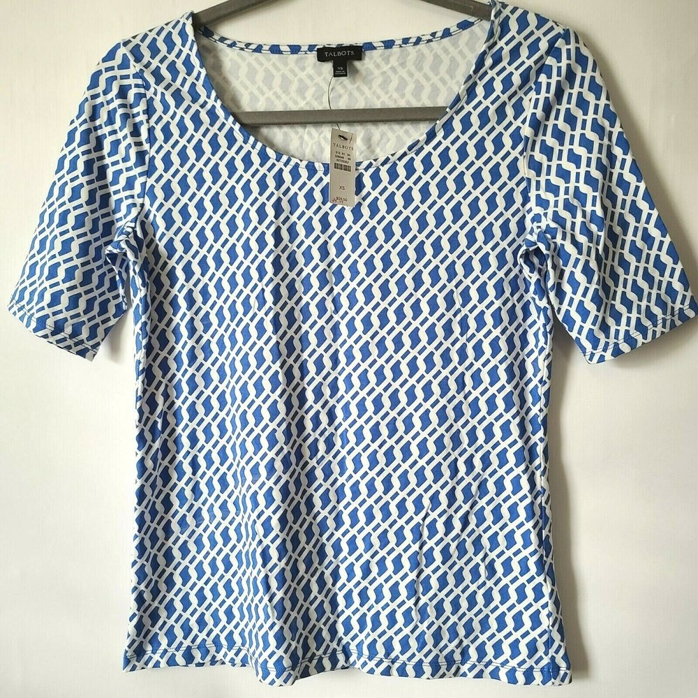 Talbots SS Stretch Scoop Neck Top Size XS Abstract Print Blue White NWT - Picture 1 of 5